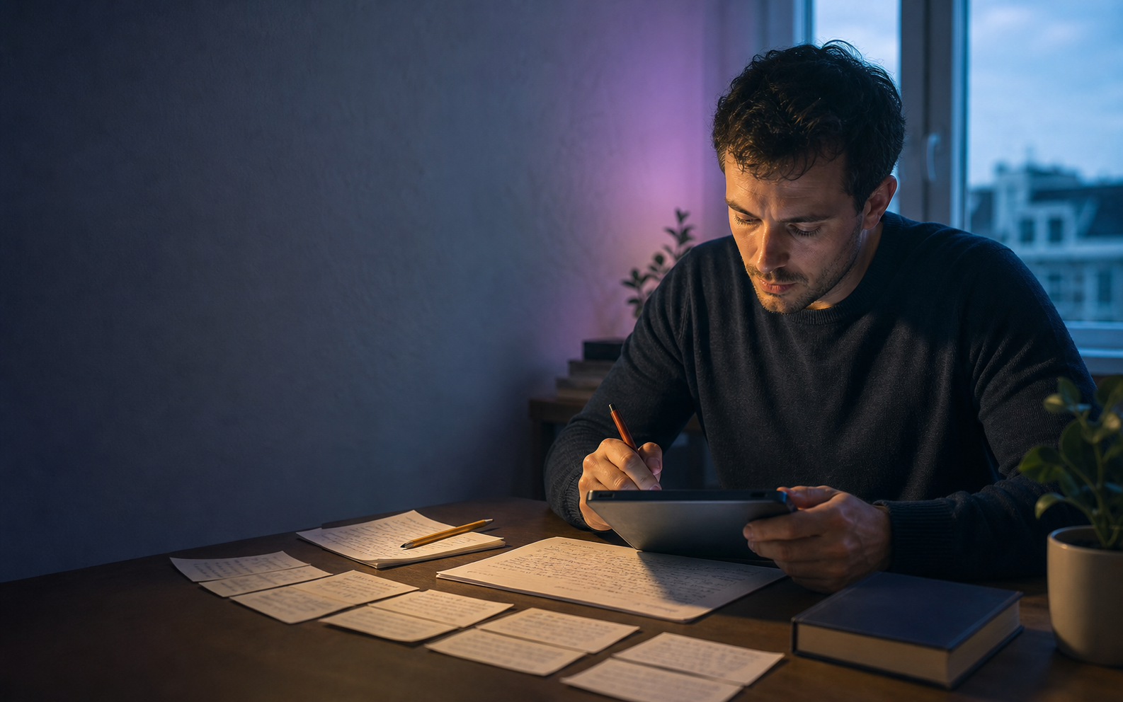 Candidat préparant son concours avec une tablette et des fiches
